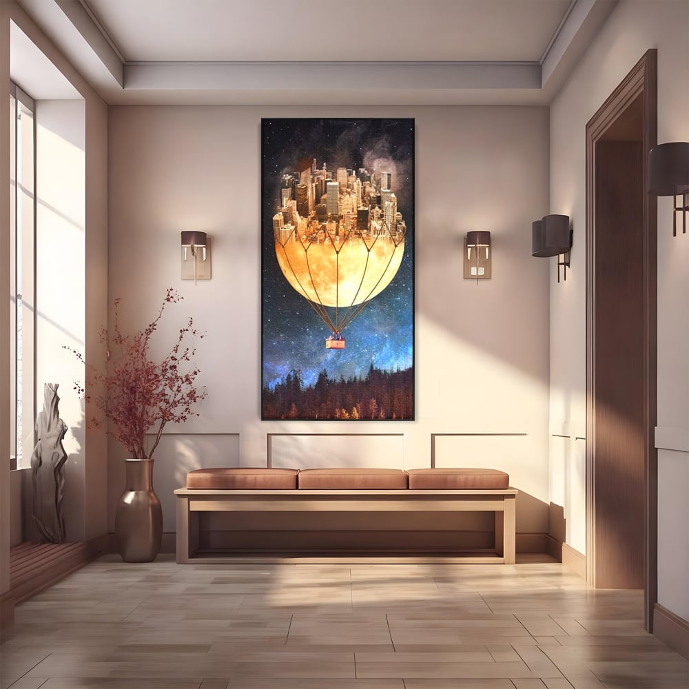 Tablou canvas cu ilustratie cu oras pe luna balon, in rama de aluminiu negru